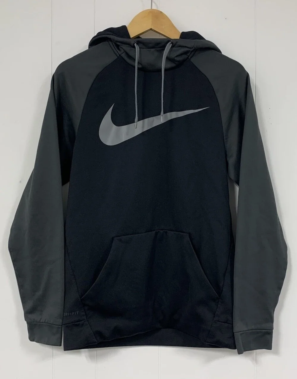 Nike Dri-FIT Hoodie Small Black Gray Raglan Swoosh Pullover Pocket